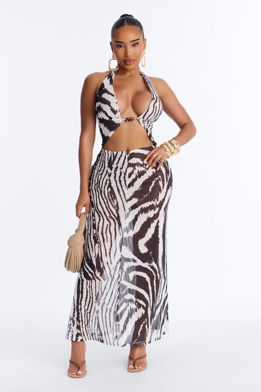 Alara Halter Mesh Maxi Dress - White/Black
