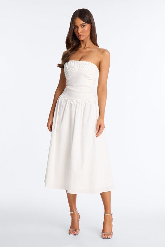 Jana Strapless Pleated Midi Dress - White