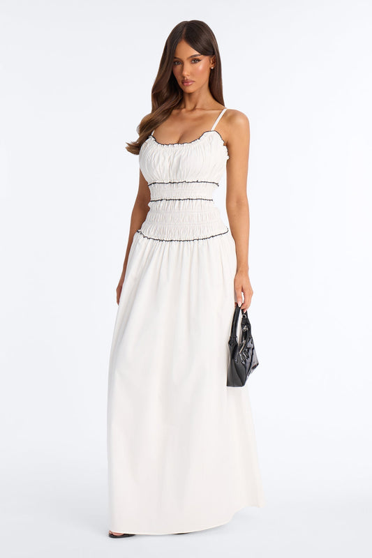 Coastal Breeze Ruched Maxi Dress - White/Black