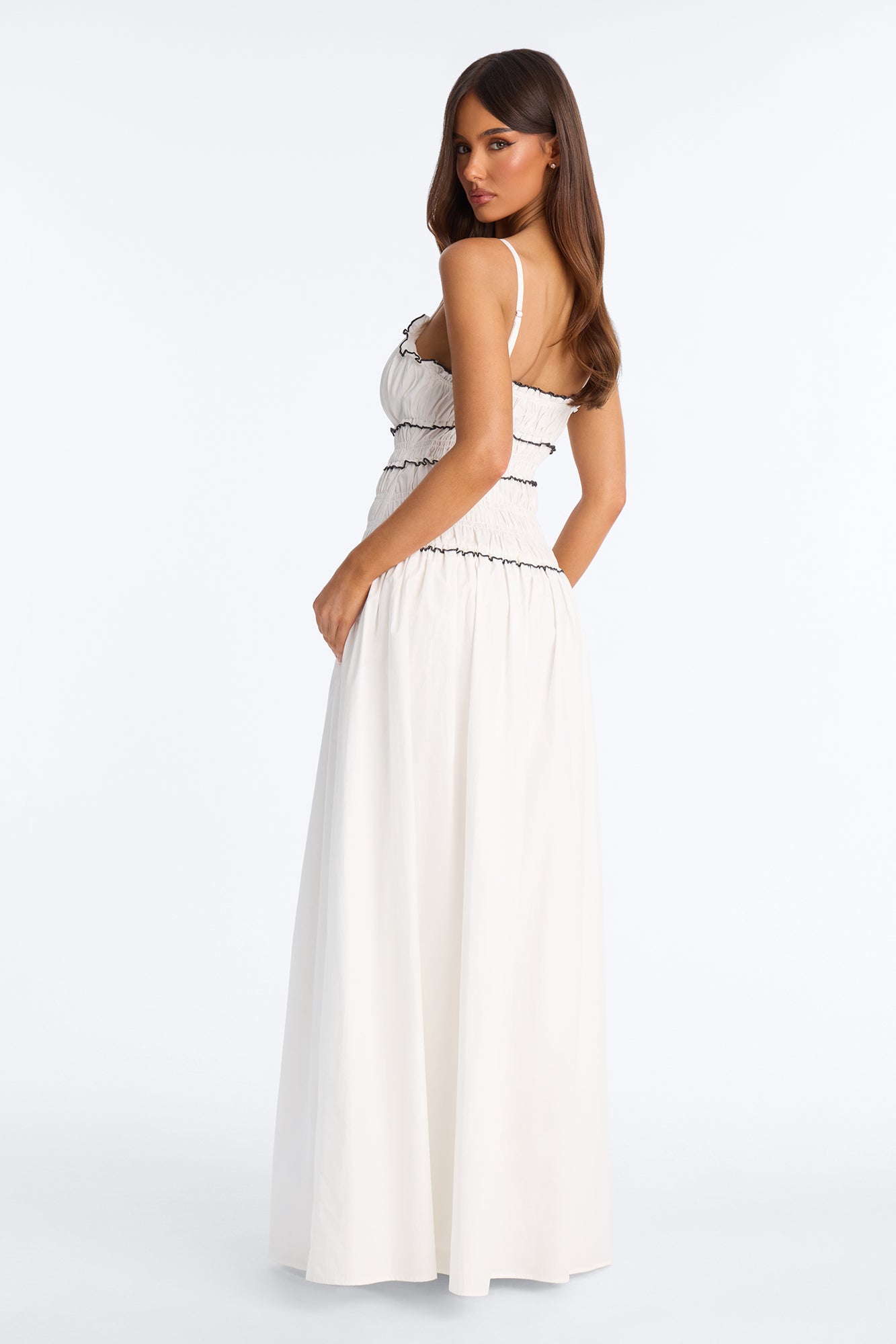 Coastal Breeze Ruched Maxi Dress - White/Black