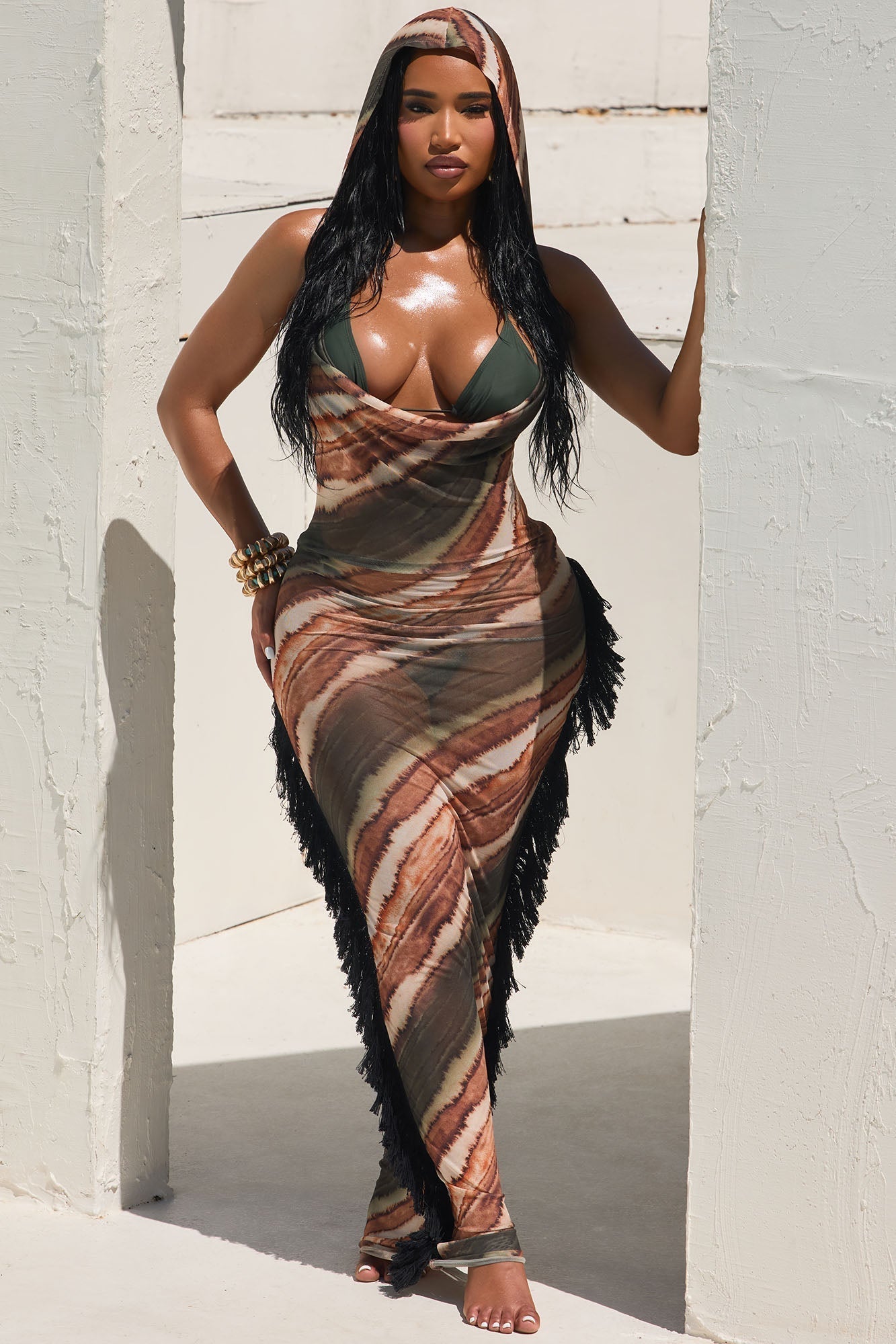Keep Cool Fringe Hooded Mesh Cover Up Maxi Dress - Brown/combo