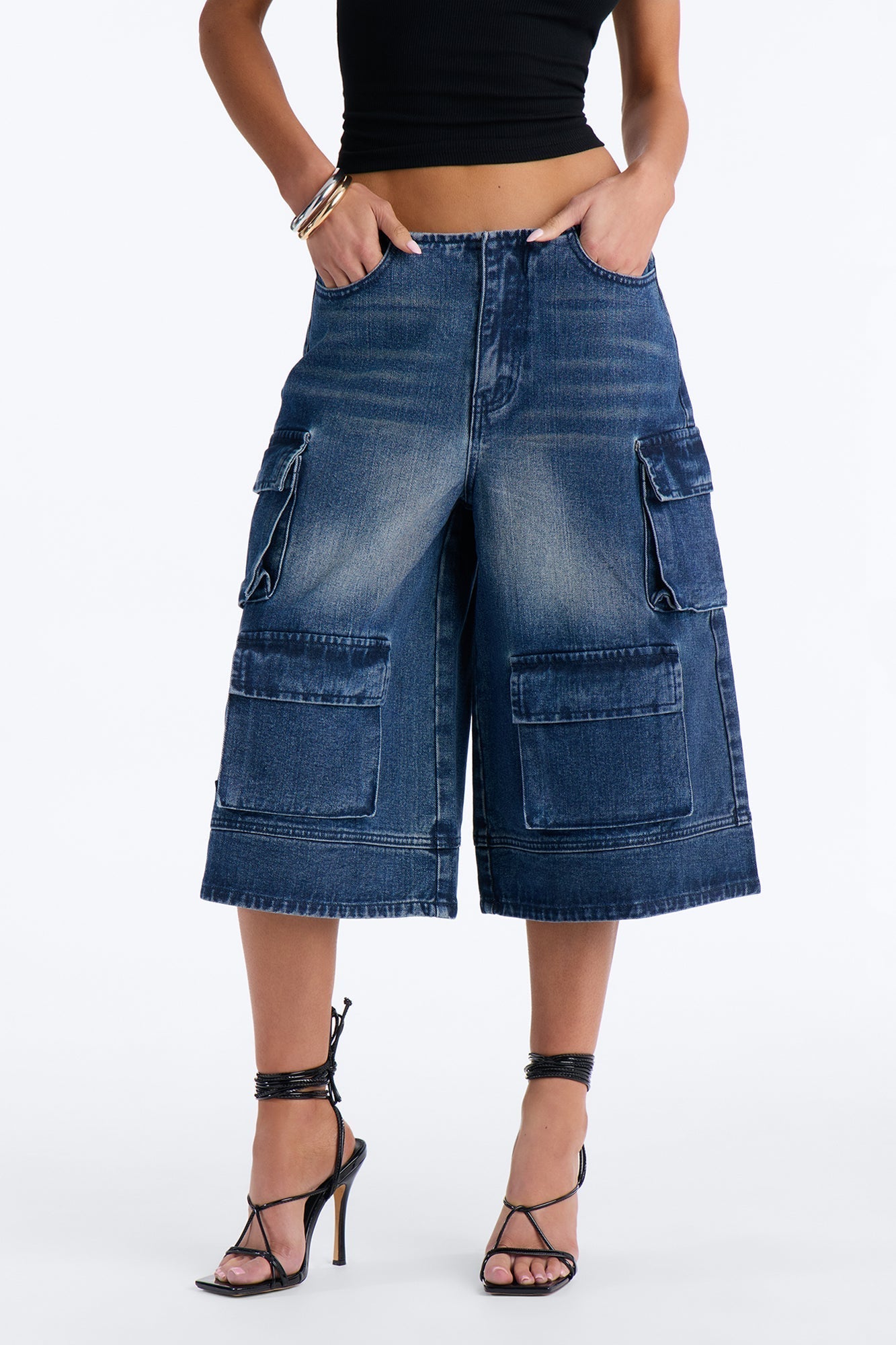 Night Shift Cargo Denim Jorts - Dark Wash