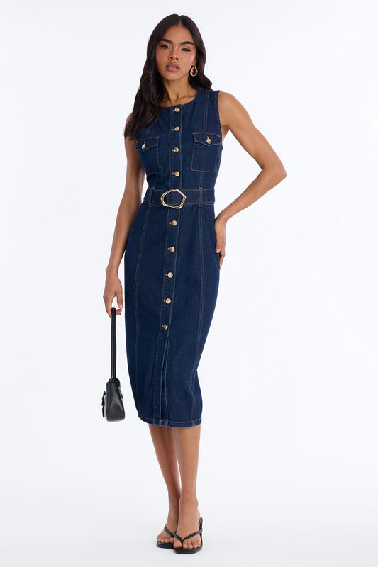Isla Belted Denim Midi Dress - Dark Wash