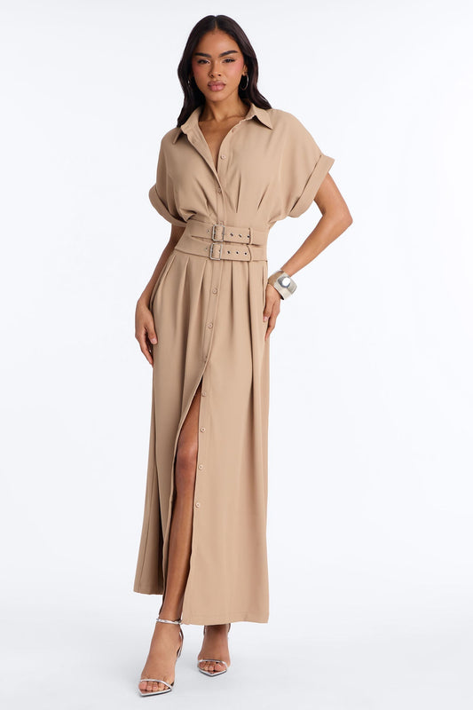 Bridgit Belted Maxi Dress - Taupe