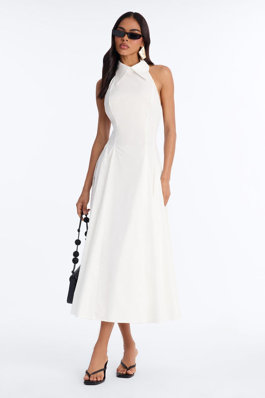 Audrey Collared Poplin Maxi Dress - White