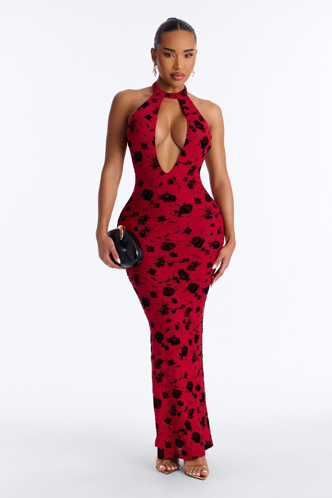 Hollywood Cut Out Flocked Maxi Dress - Red/combo