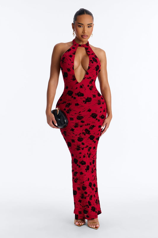 Hollywood Cut Out Flocked Maxi Dress - Red/combo