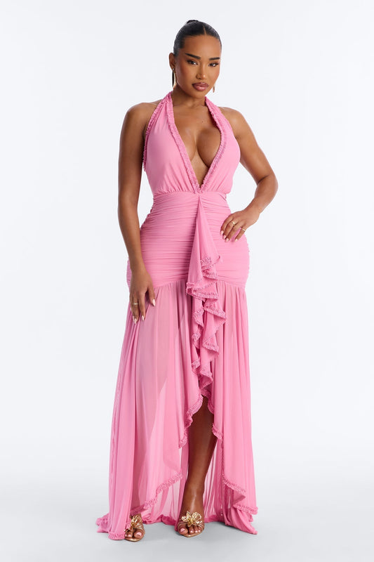 Alessandra Ruched Ruffle Gown - Pink