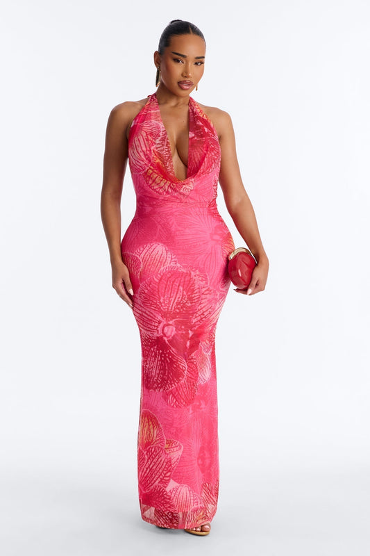 Tropic Muse Halter Mesh Maxi Dress - Pink/combo