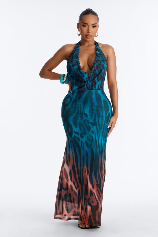 Bad Girl Behavior Mesh Maxi Dress - Teal/combo
