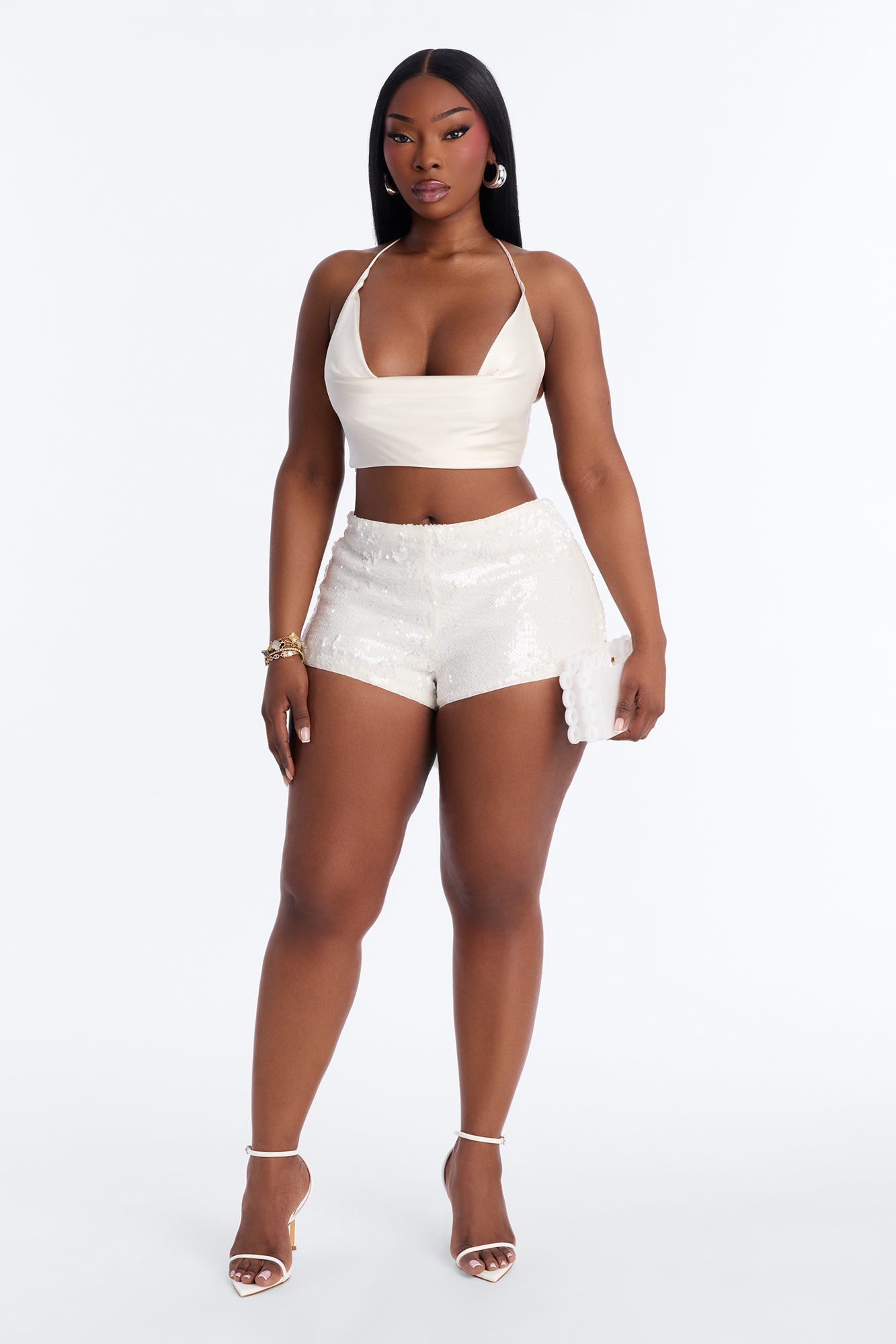 Alaina Sequin Embellished Micro Short 1″ - Pearl