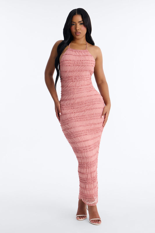 Jane Ruched Lace Maxi Dress - Pink