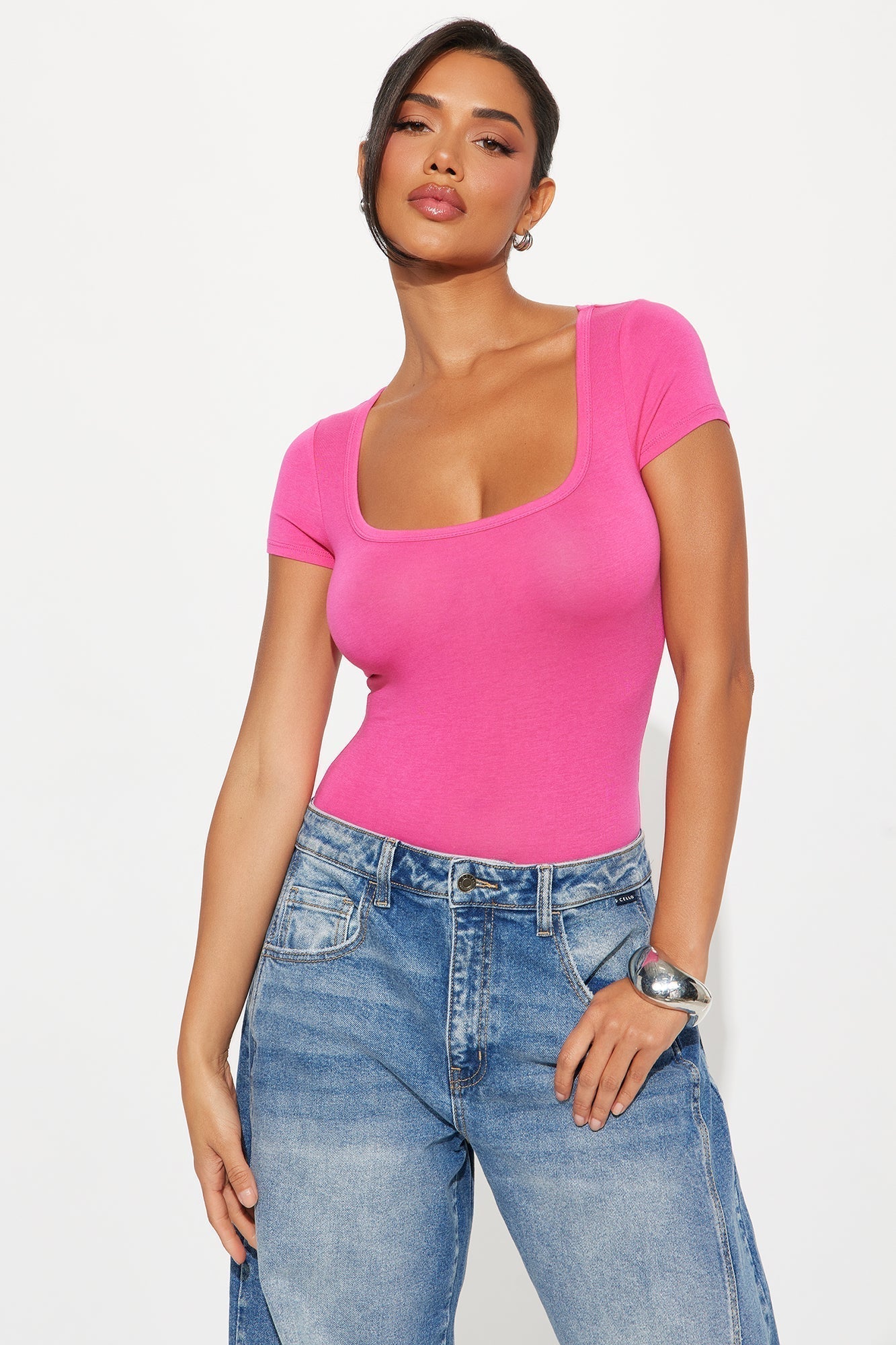 Nira Square Neck Basic Bodysuit - Fuchsia