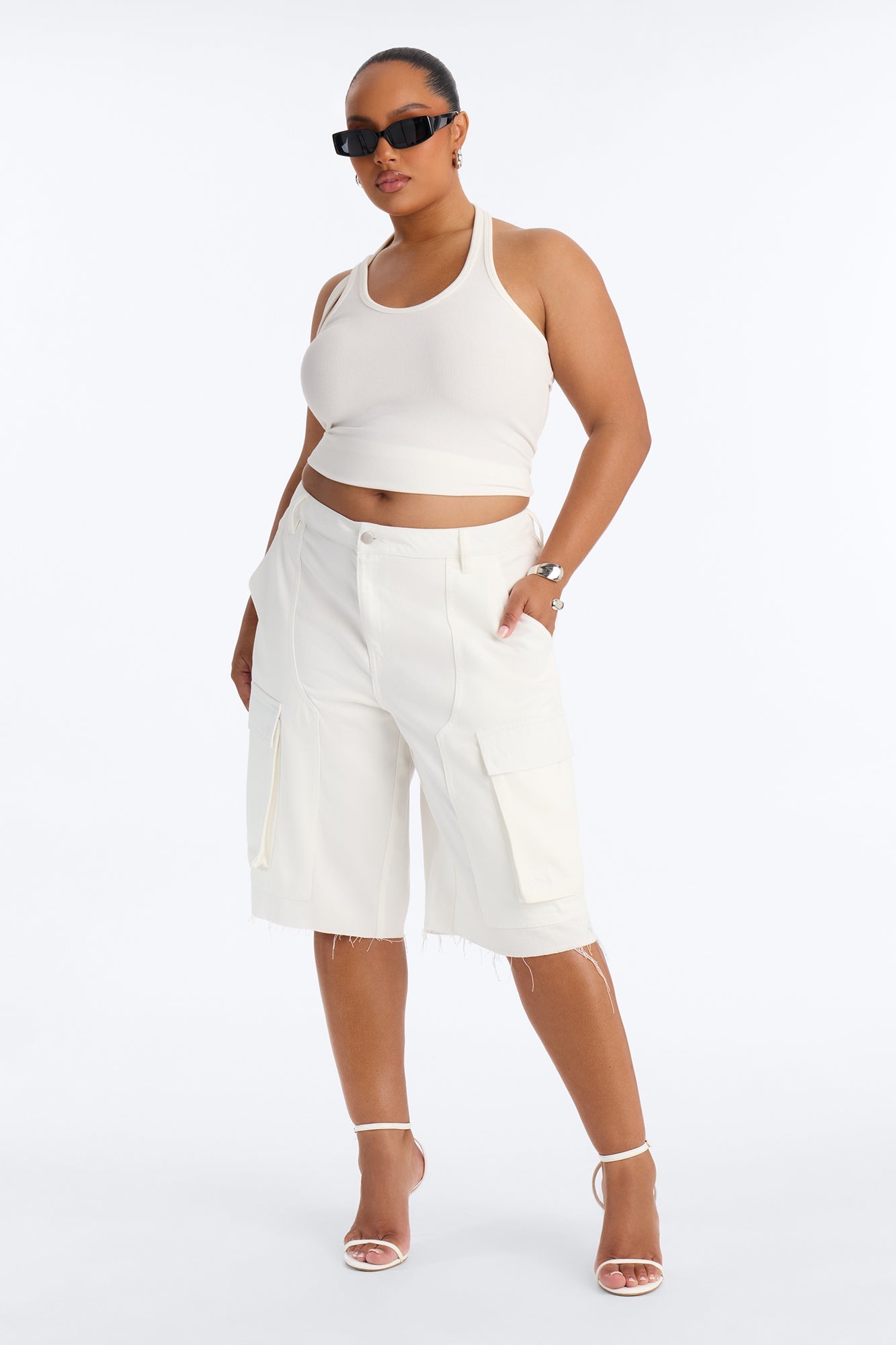 Lillia Frayed Hem Cargo Bermuda Short - White