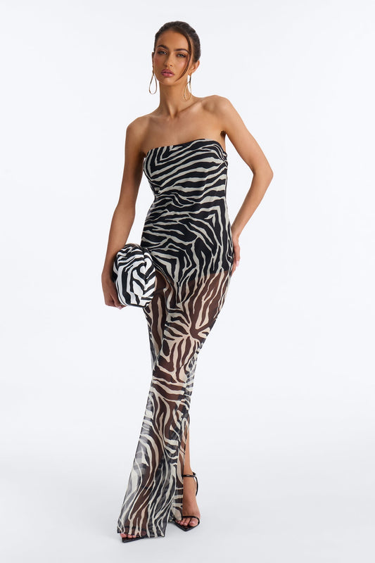 On Read Strapless Chiffon Maxi Dress - Black/White