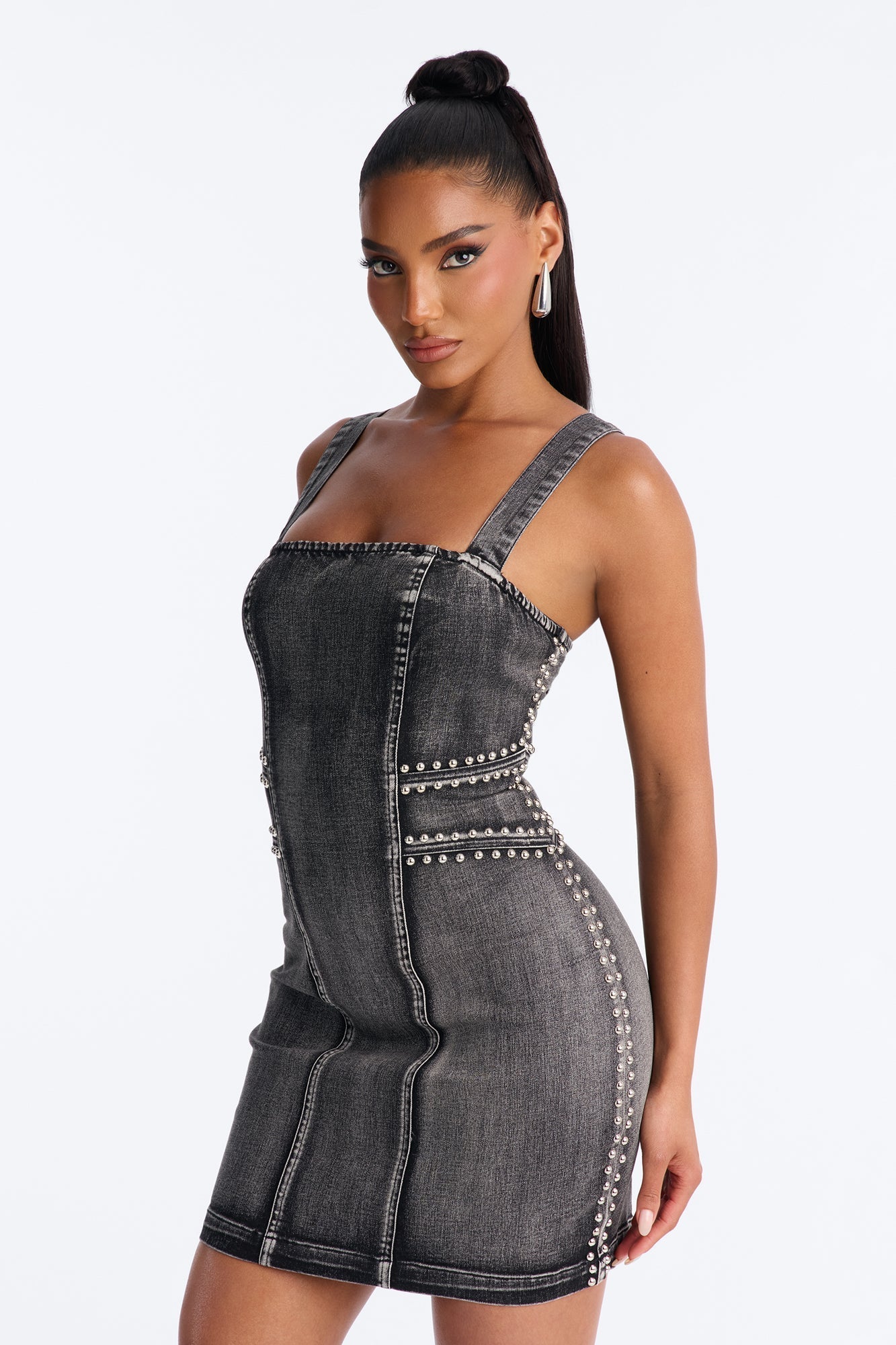 Kassidy Studded Stretch Denim Micro Mini Dress - Black Wash