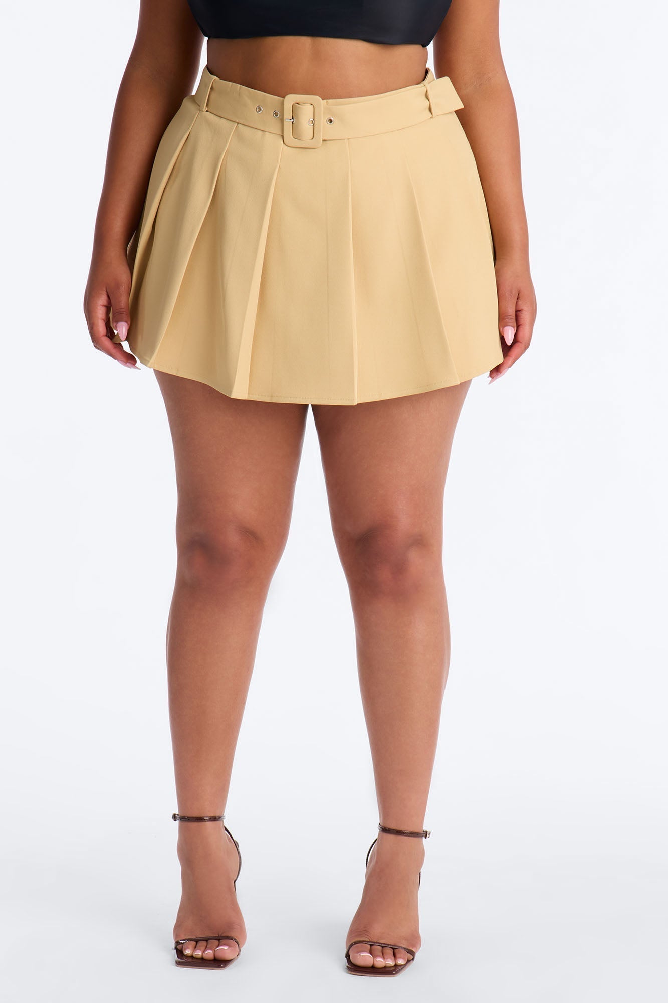 Walk the Talk Belted Pleated Mini Skirt - Khaki