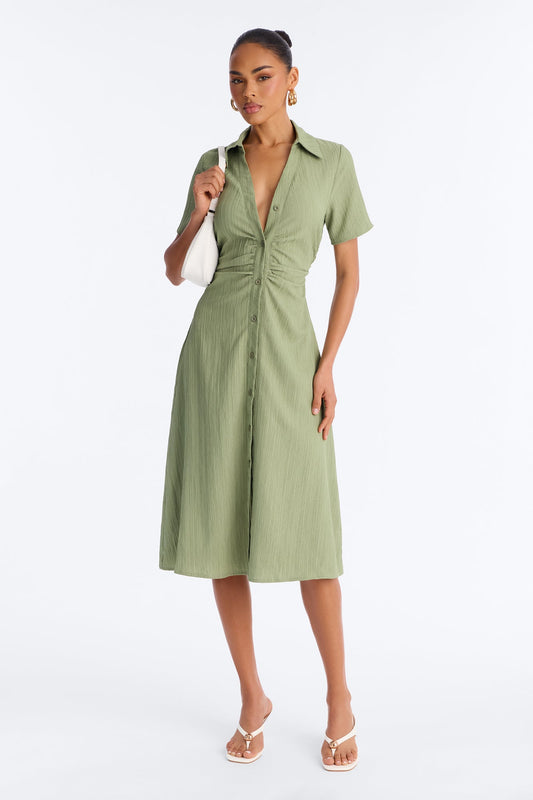 Carmen Ruched Shirt Midi Dress - Olive