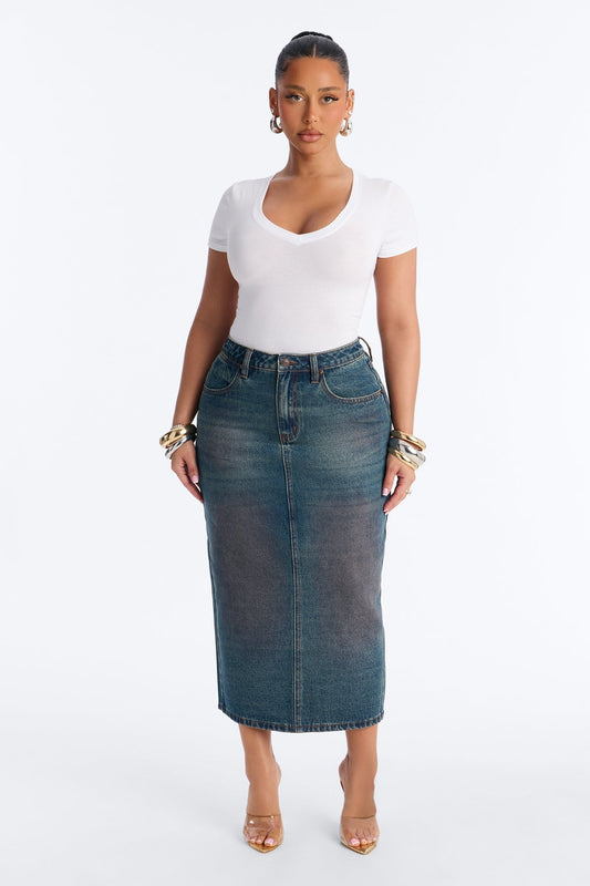 Adri Pink Tinted High Slit Denim Maxi Skirt - Vintage Wash