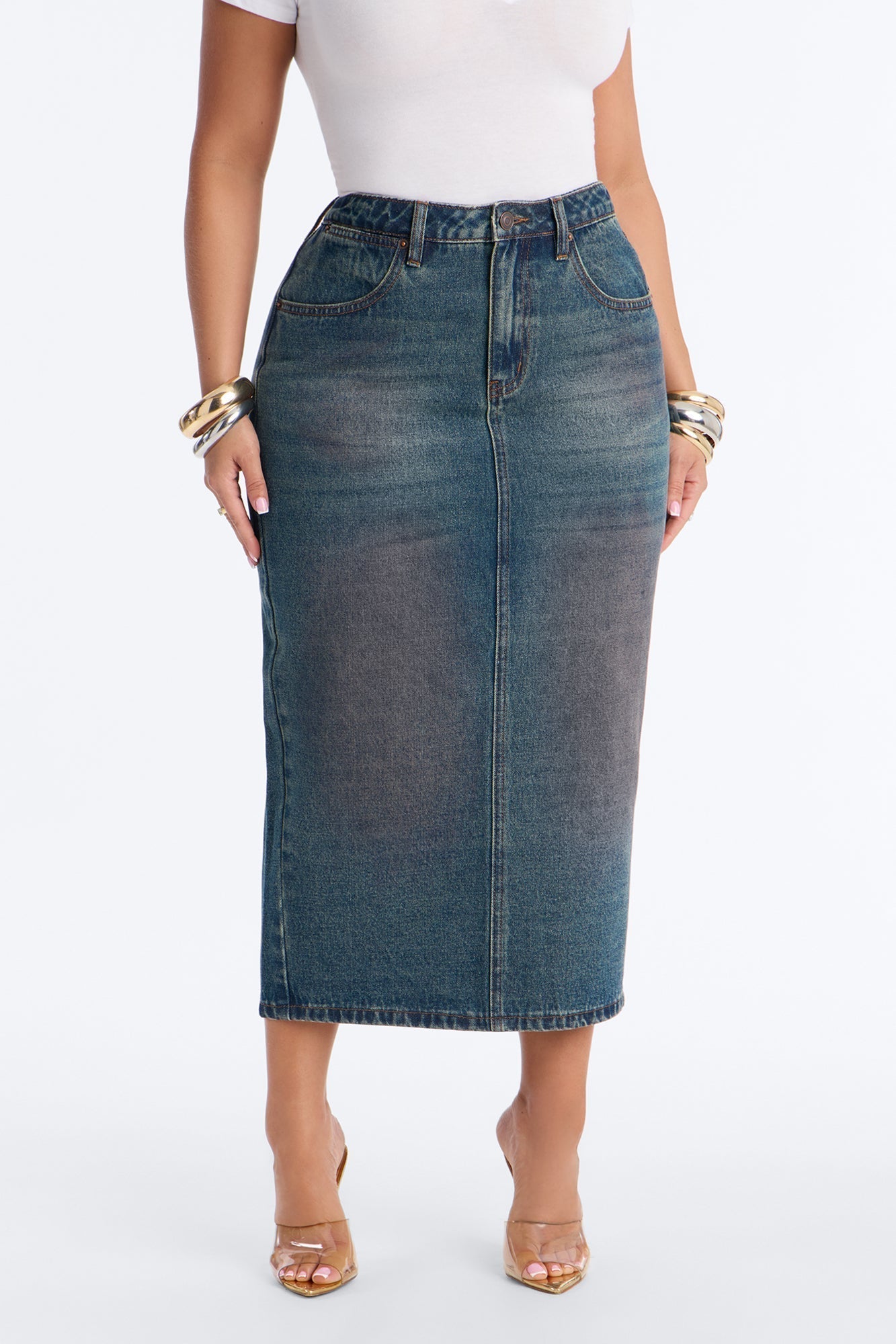 Adri Pink Tinted High Slit Denim Maxi Skirt - Vintage Wash