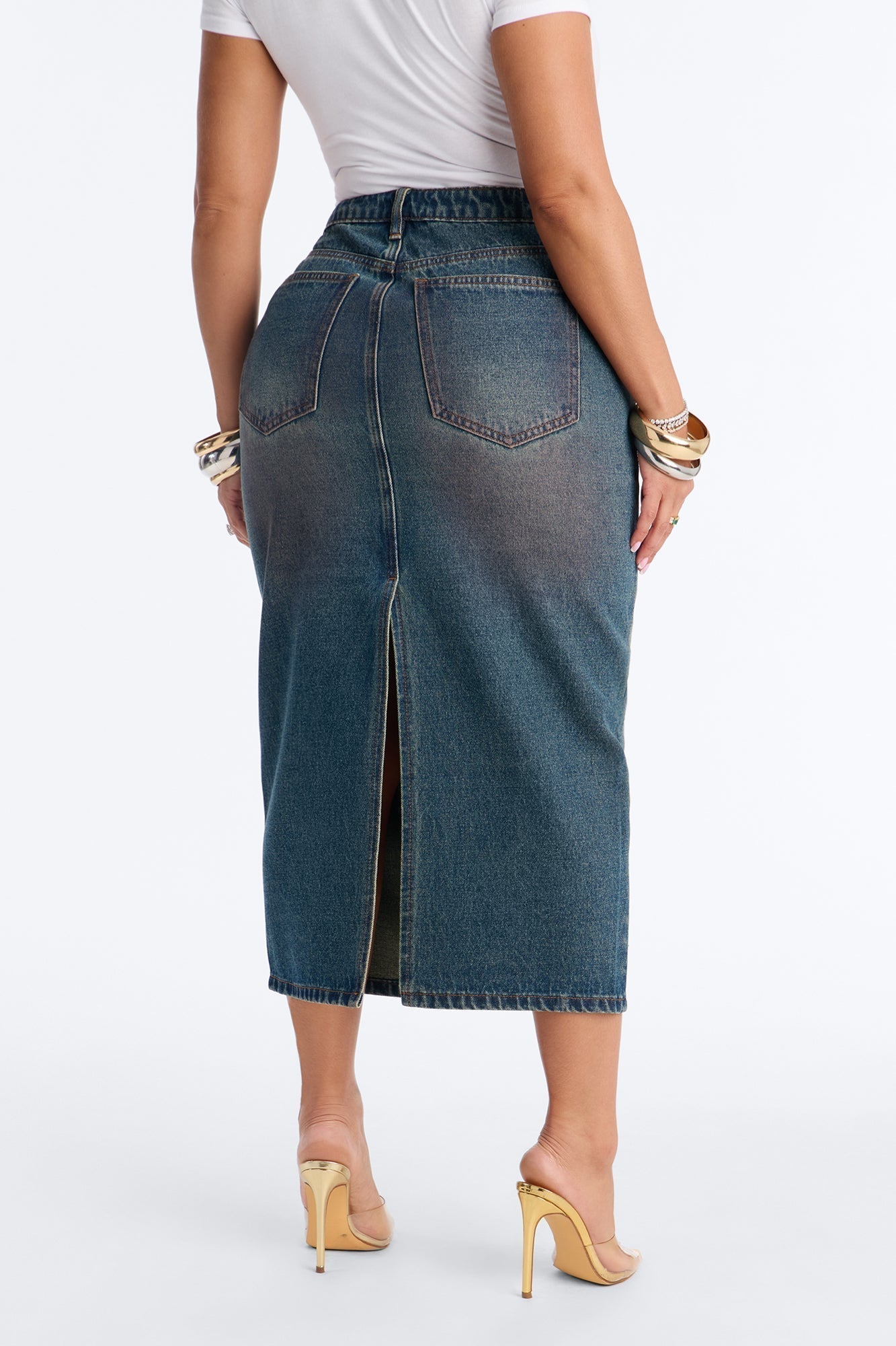 Adri Pink Tinted High Slit Denim Maxi Skirt - Vintage Wash