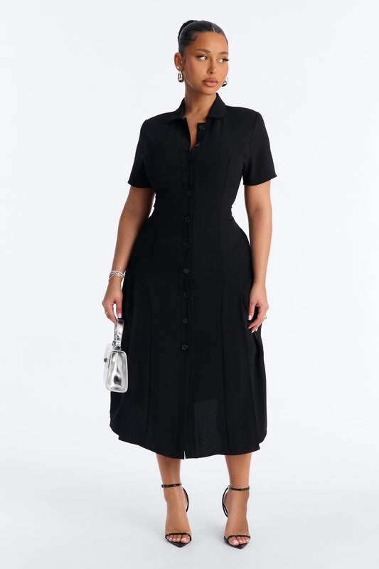 Delaney Button Up Pleated Midi Dress - Black