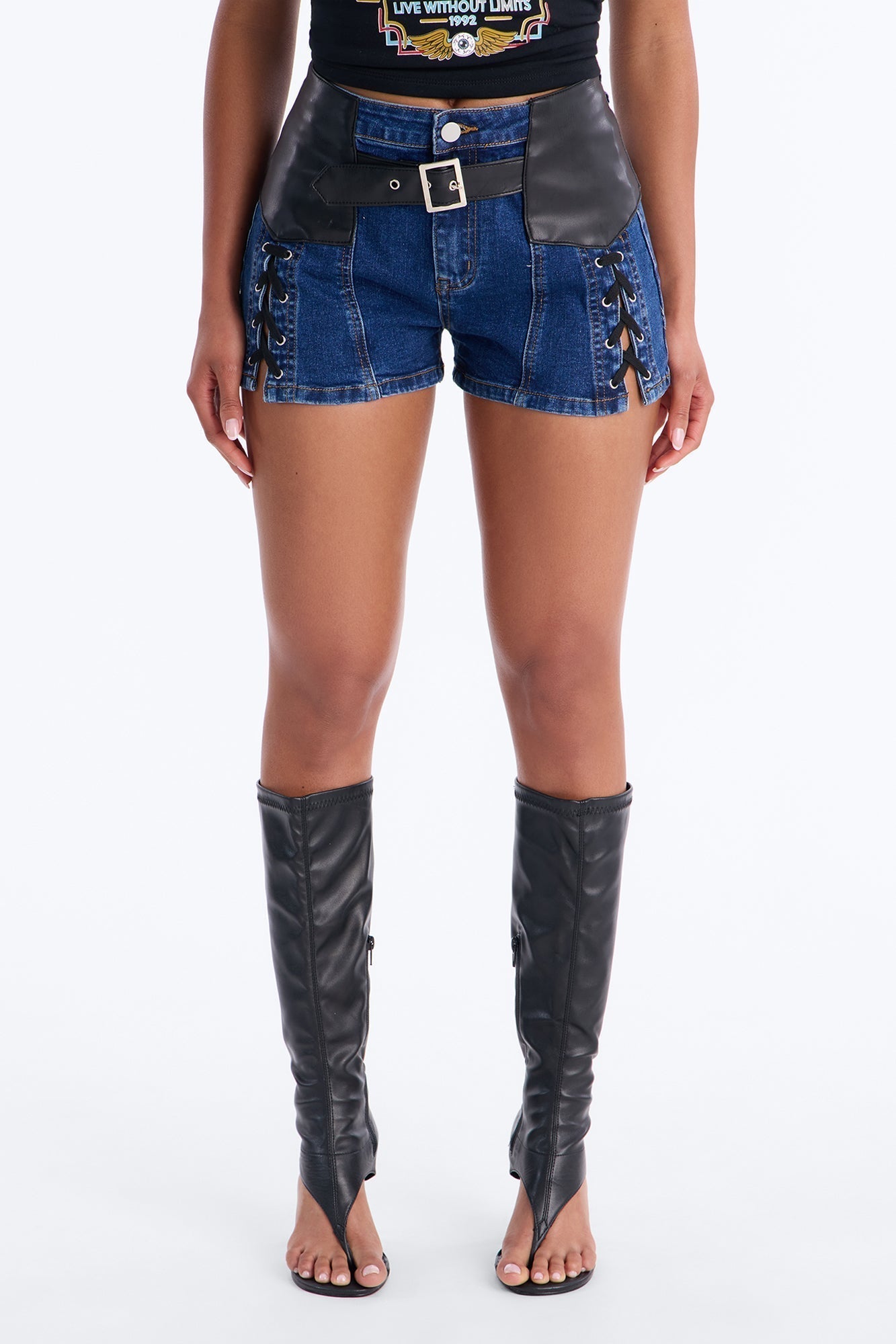 Show Stealer Lace Up Denim Shorts - Dark Wash