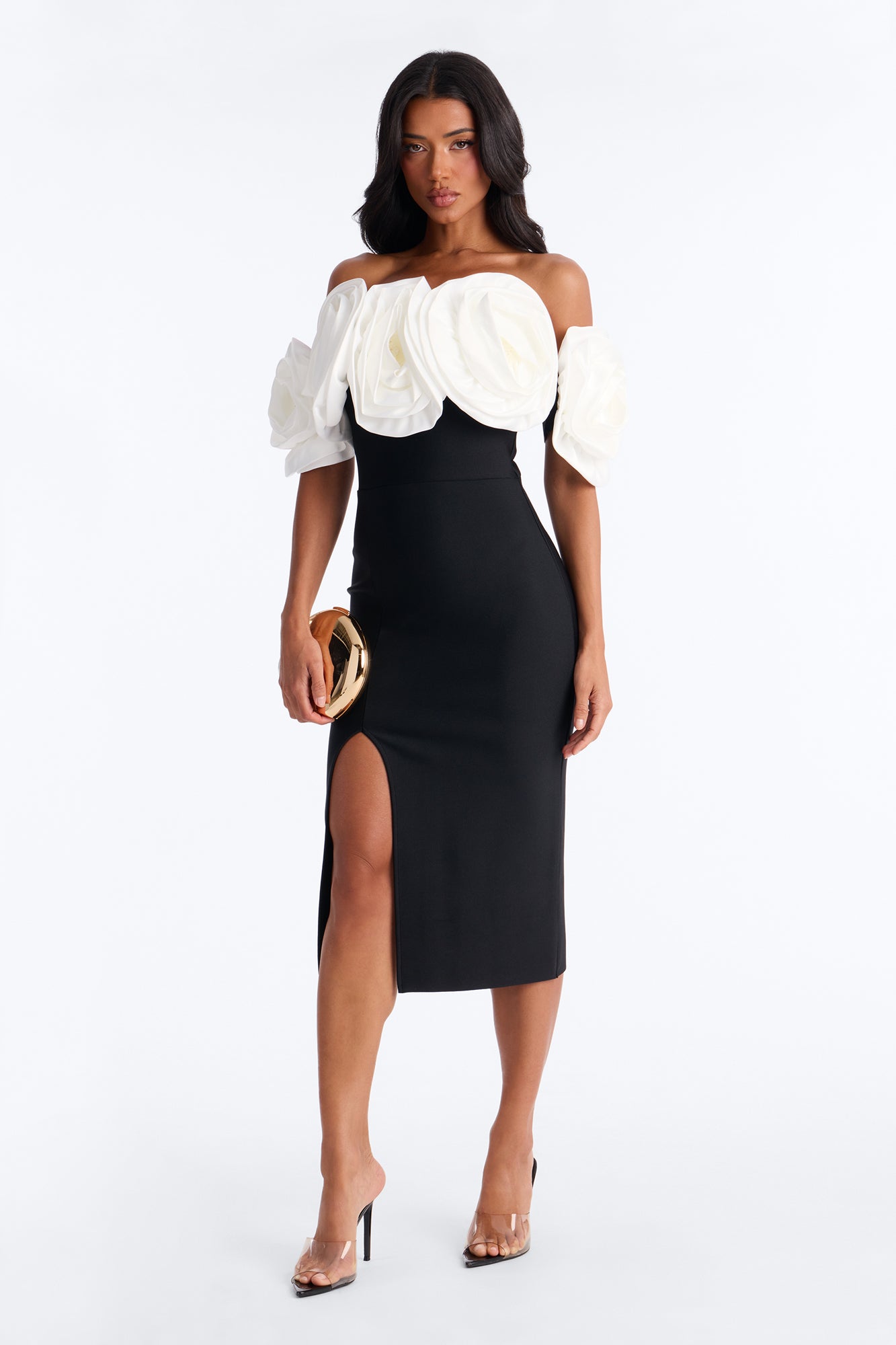 Divina Floral Bandage Midi Dress - Black/White