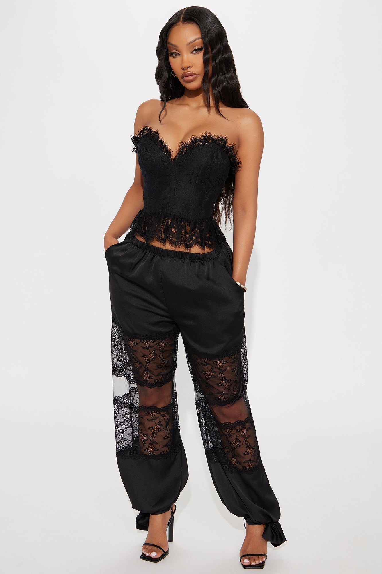 Melissa Satin Brunch Lace Trim Jogger Pant - Black