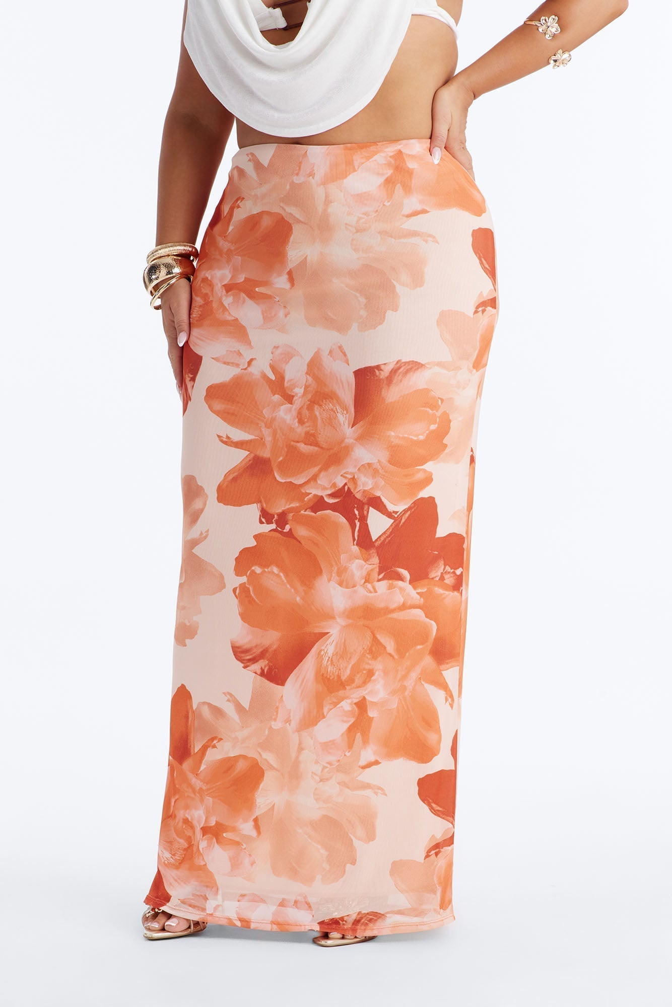 Midnight Bloom Mesh Maxi Skirt - Orange/combo