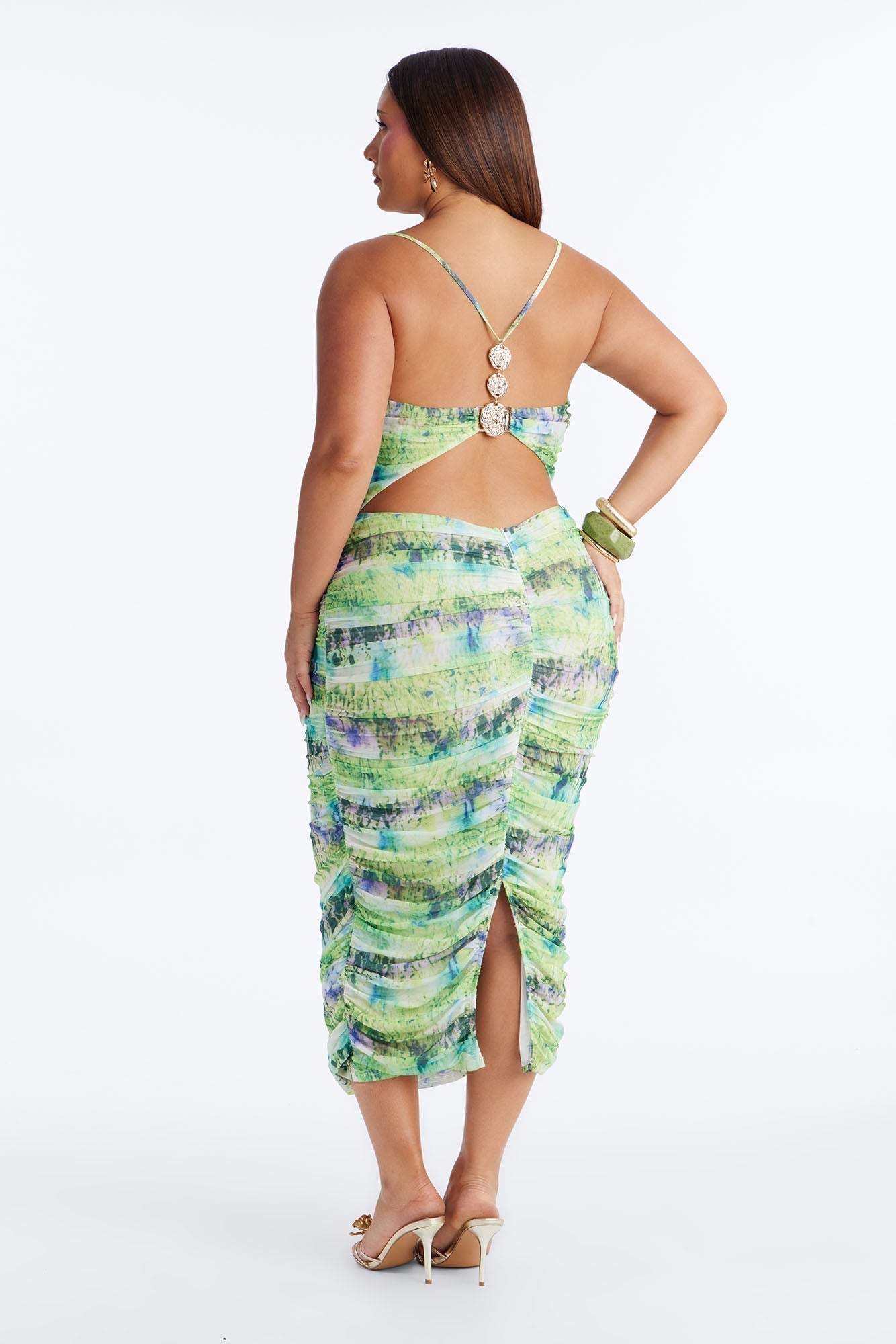 Adelina Ruched Mesh Midi Dress - Green/combo