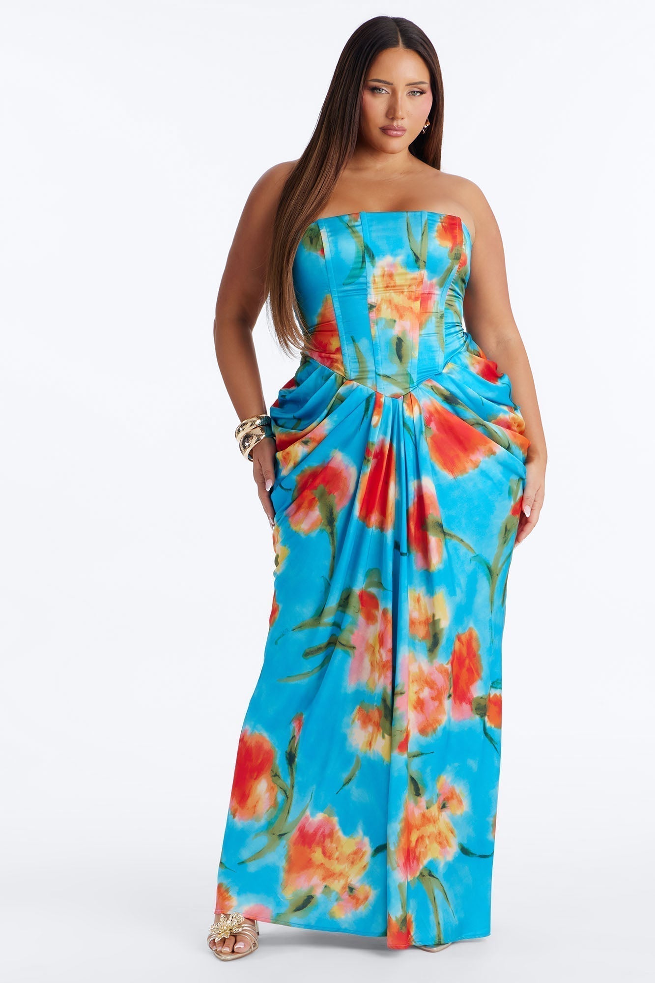 Nylah Corset Tie Dye Satin Maxi Dress - Blue/combo
