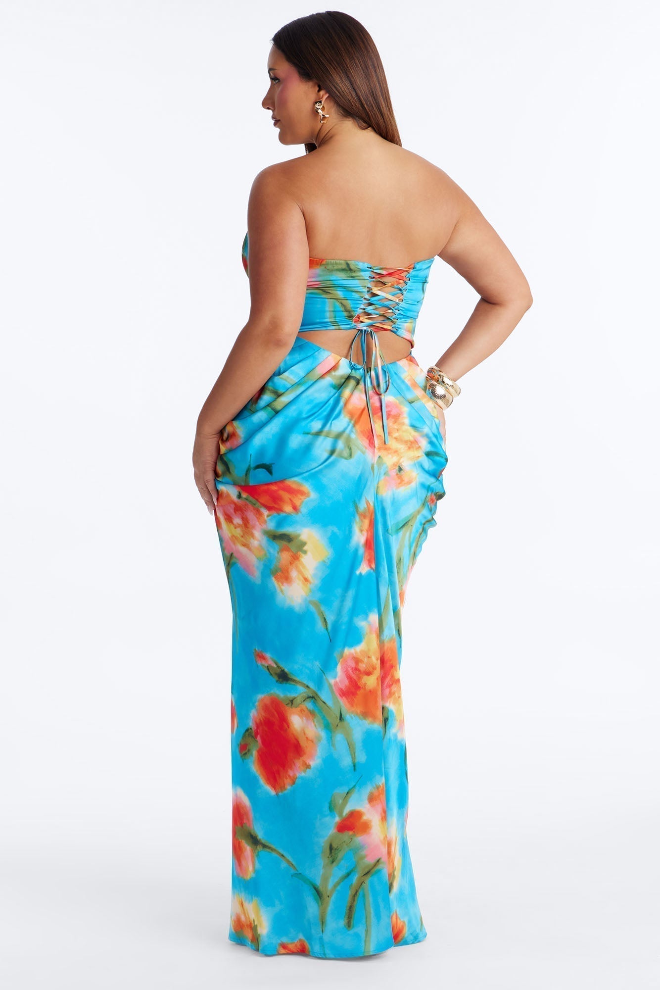 Nylah Corset Tie Dye Satin Maxi Dress - Blue/combo