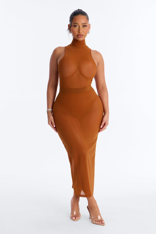 Power Mesh Midi Pencil Skirt - Copper
