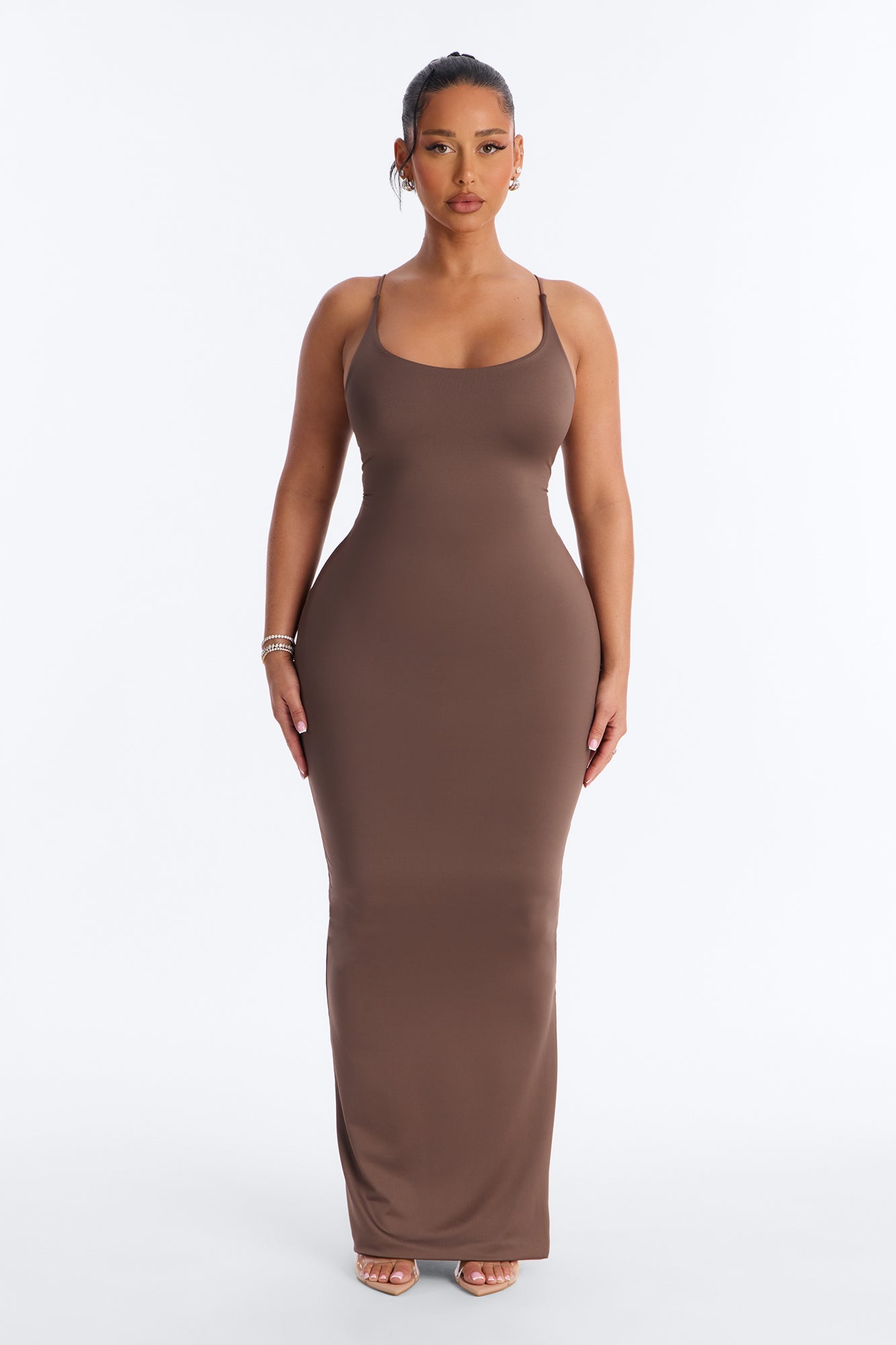 Contour Double Lined Scoop Neck Spaghetti Strap Maxi Dress - Brown