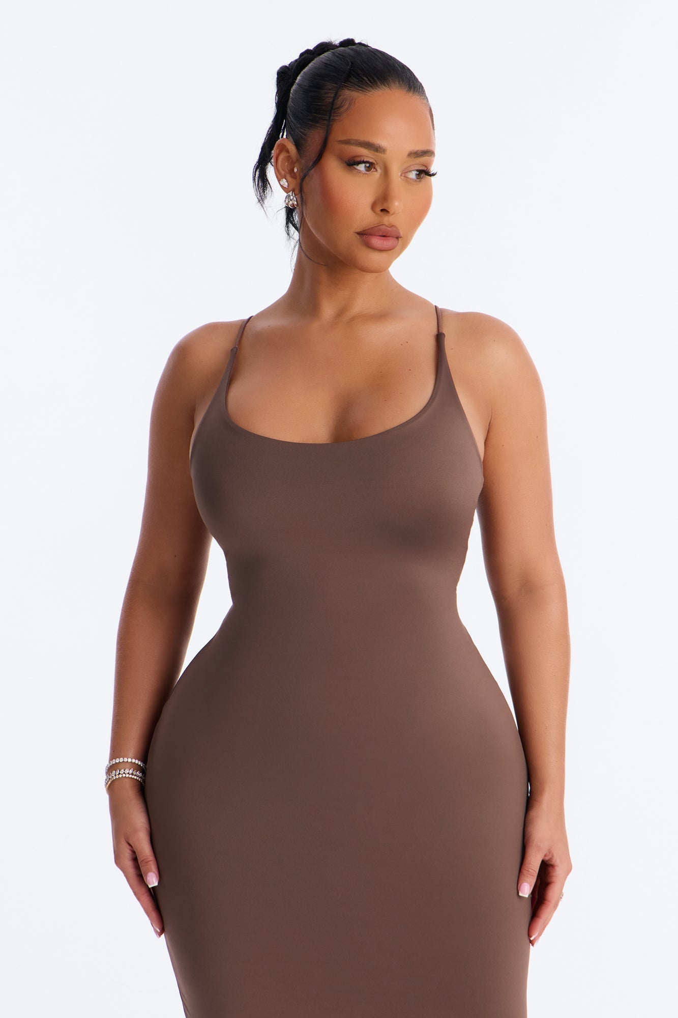 Contour Double Lined Scoop Neck Spaghetti Strap Maxi Dress - Brown
