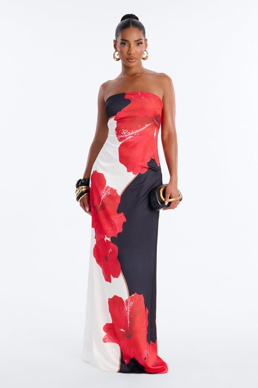 Kianna Strapless Satin Maxi Dress - Red/combo