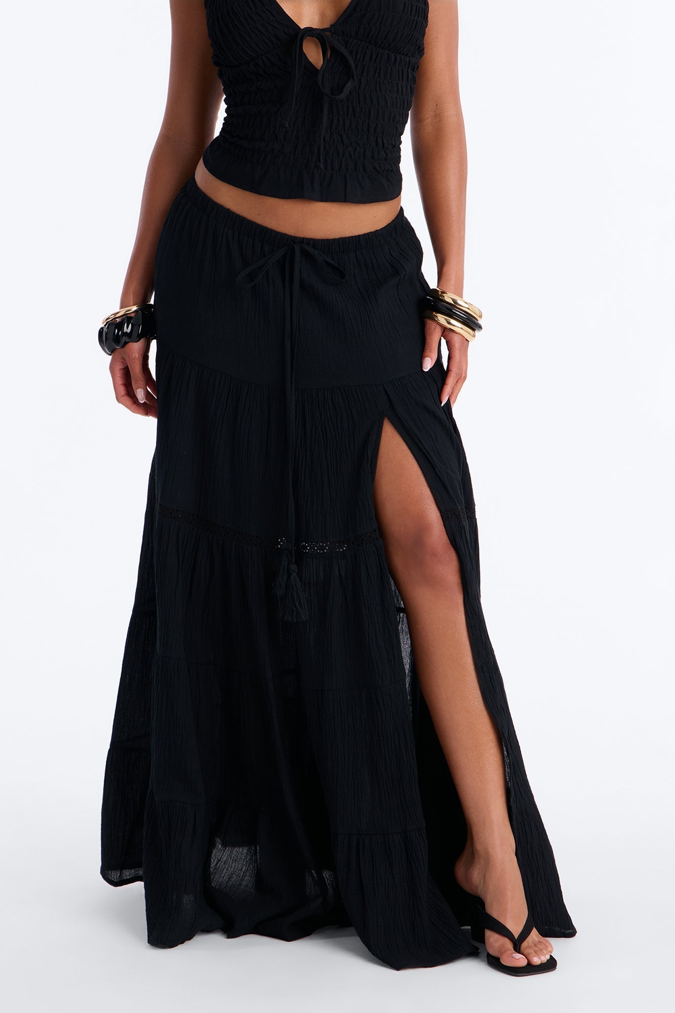 Bohemian Bliss Tiered Gauze Maxi Skirt - Black