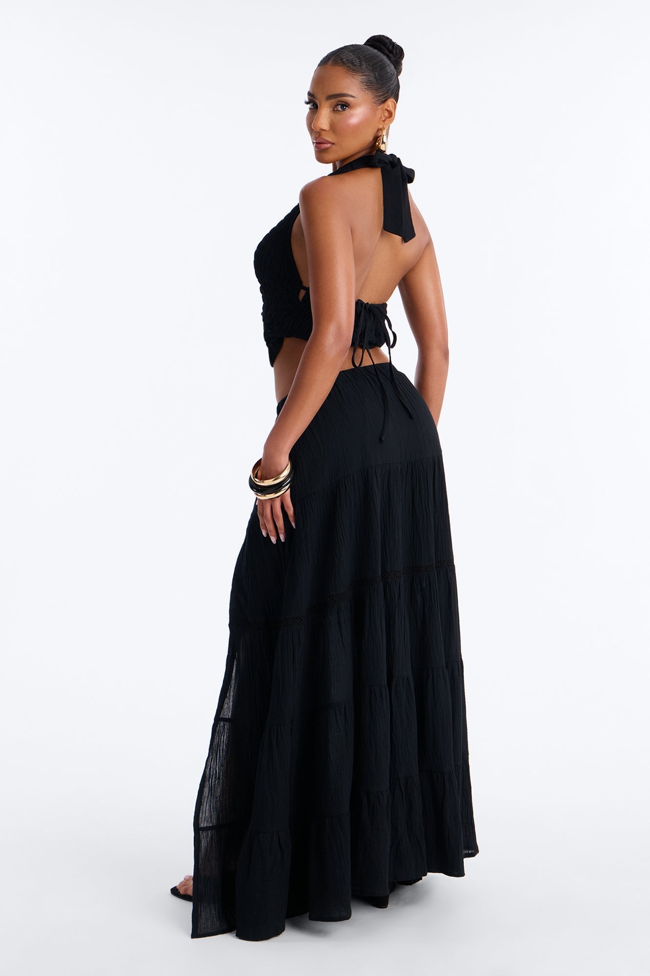 Bohemian Bliss Tiered Gauze Maxi Skirt - Black