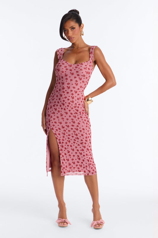 Adrienne Printed Mesh Midi Dress - Pink/combo
