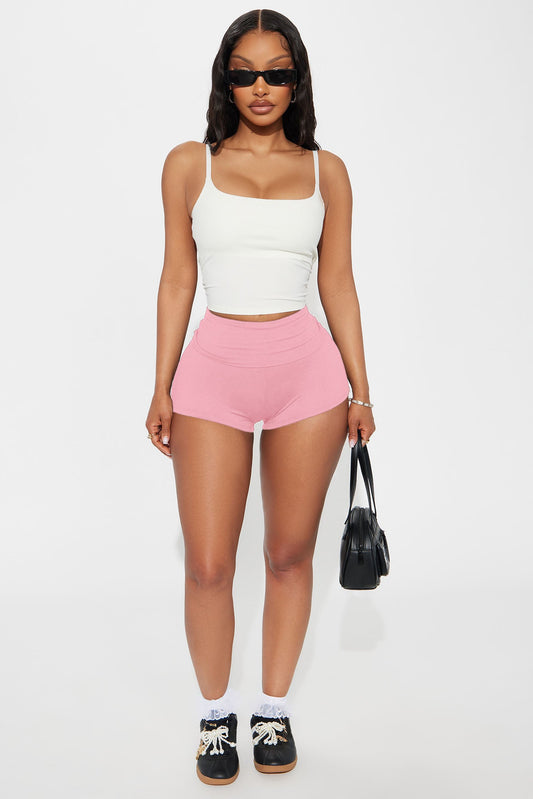 Staying In Mid Rise Fold Over Biker Shorts - Light Pink