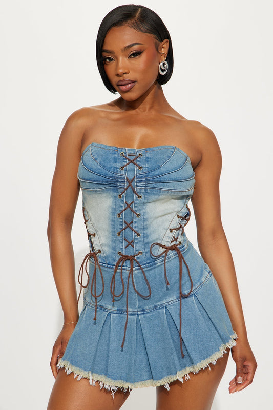 Beya Strapless Denim Skort Romper - Medium Wash