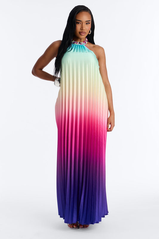 Silk Sunsets Pleated Maxi Dress - Multi Color