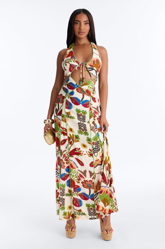 Sicilian Summer Linen Maxi Dress - Cream/combo
