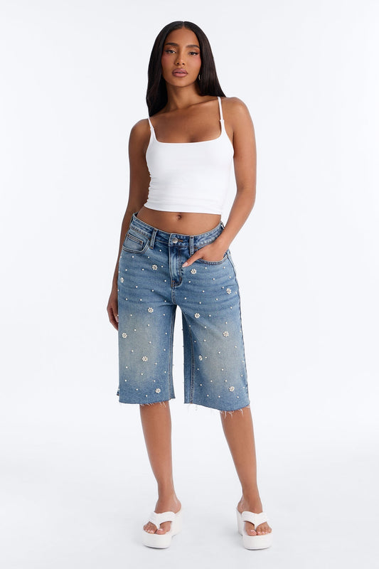 Oh So Pearly Embellished Denim Bermuda Shorts - Vintage Wash