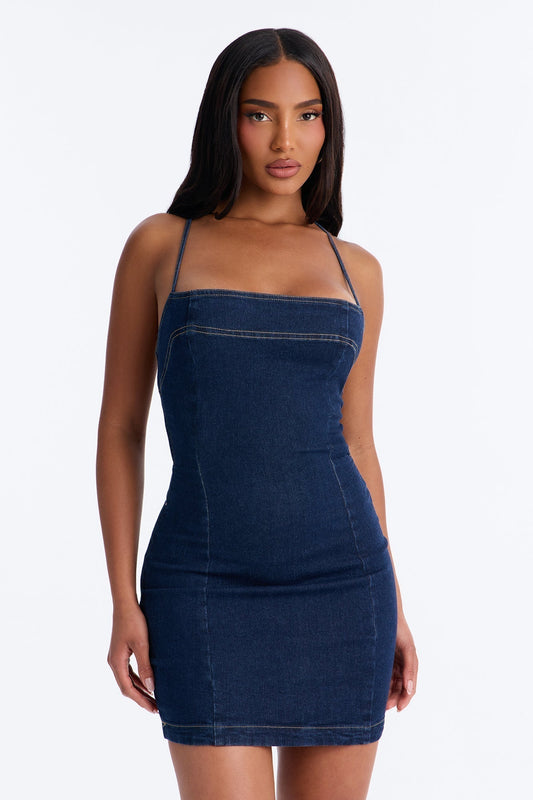 Tied To You Denim Mini Dress - Dark Wash