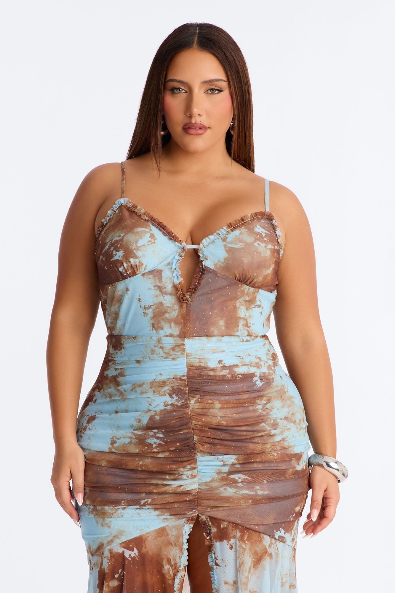 So Stunning Ruched Mesh Maxi Dress - Blue/combo