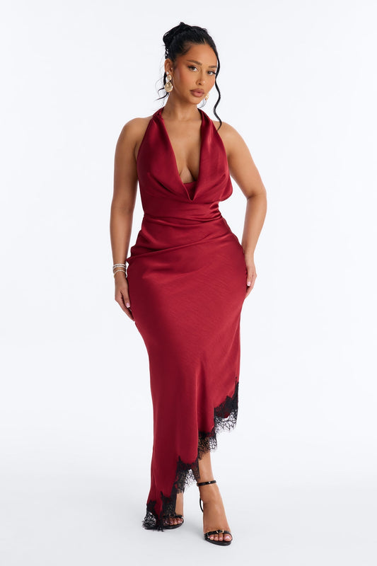 Riley Asymmetrical Satin Maxi Dress - Marsala