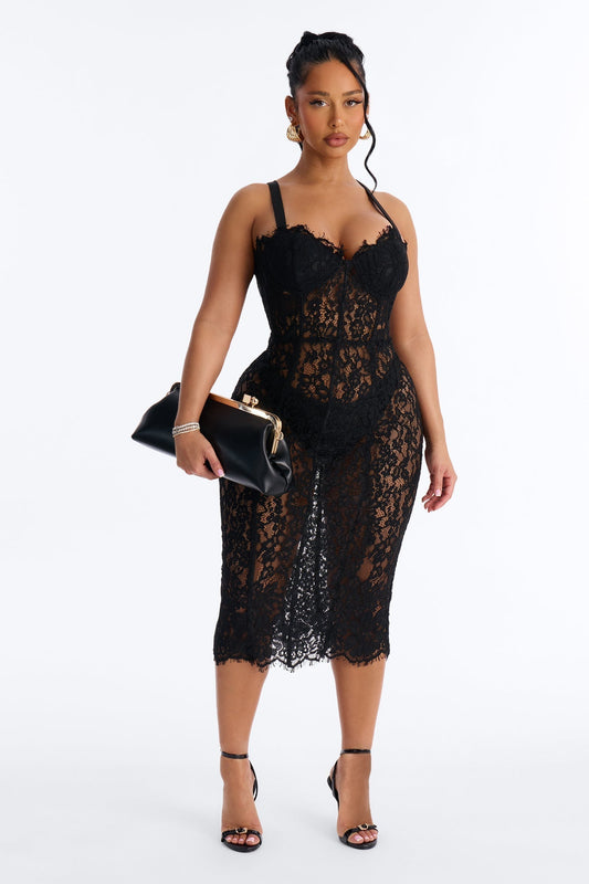 Kara Corset Lace Midi Dress - Black