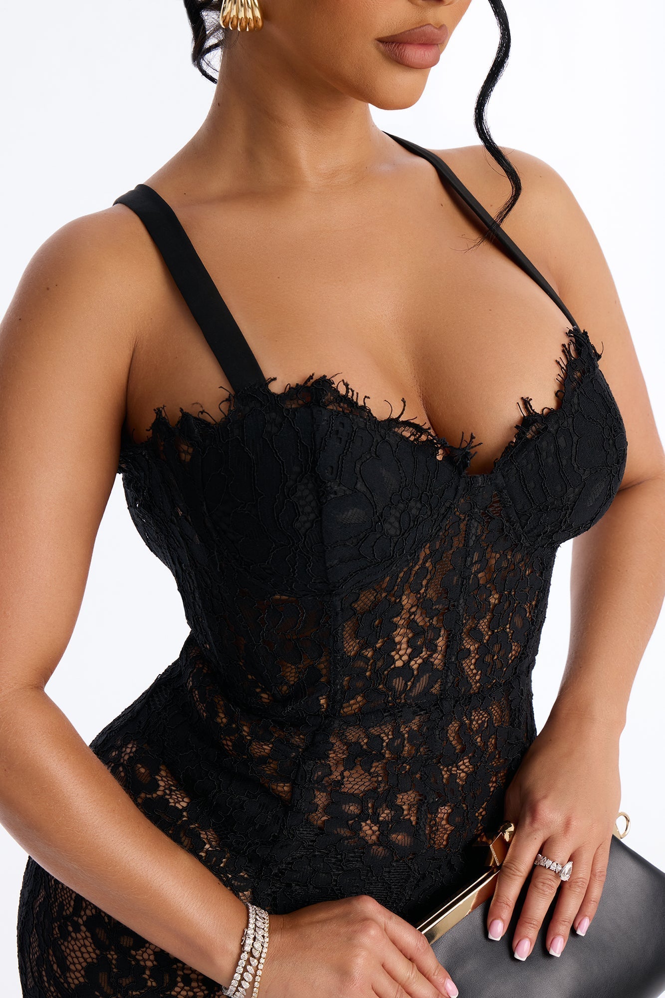 Kara Corset Lace Midi Dress - Black